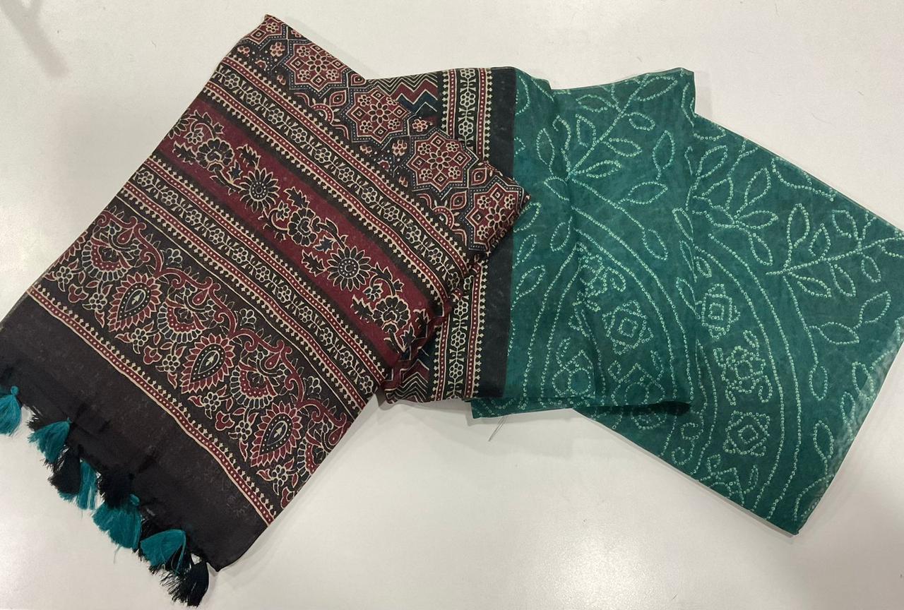 Linen Digital Print Saree With Ajrakh Print Pallu And Bandhani Print Cotton Saree